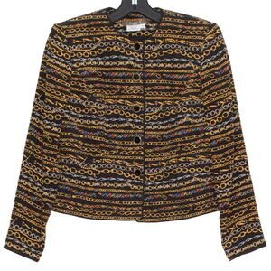 Maggie L Womens Jacket Blazer Vintage Silk Chain Print Button Up Black Size 2 FR